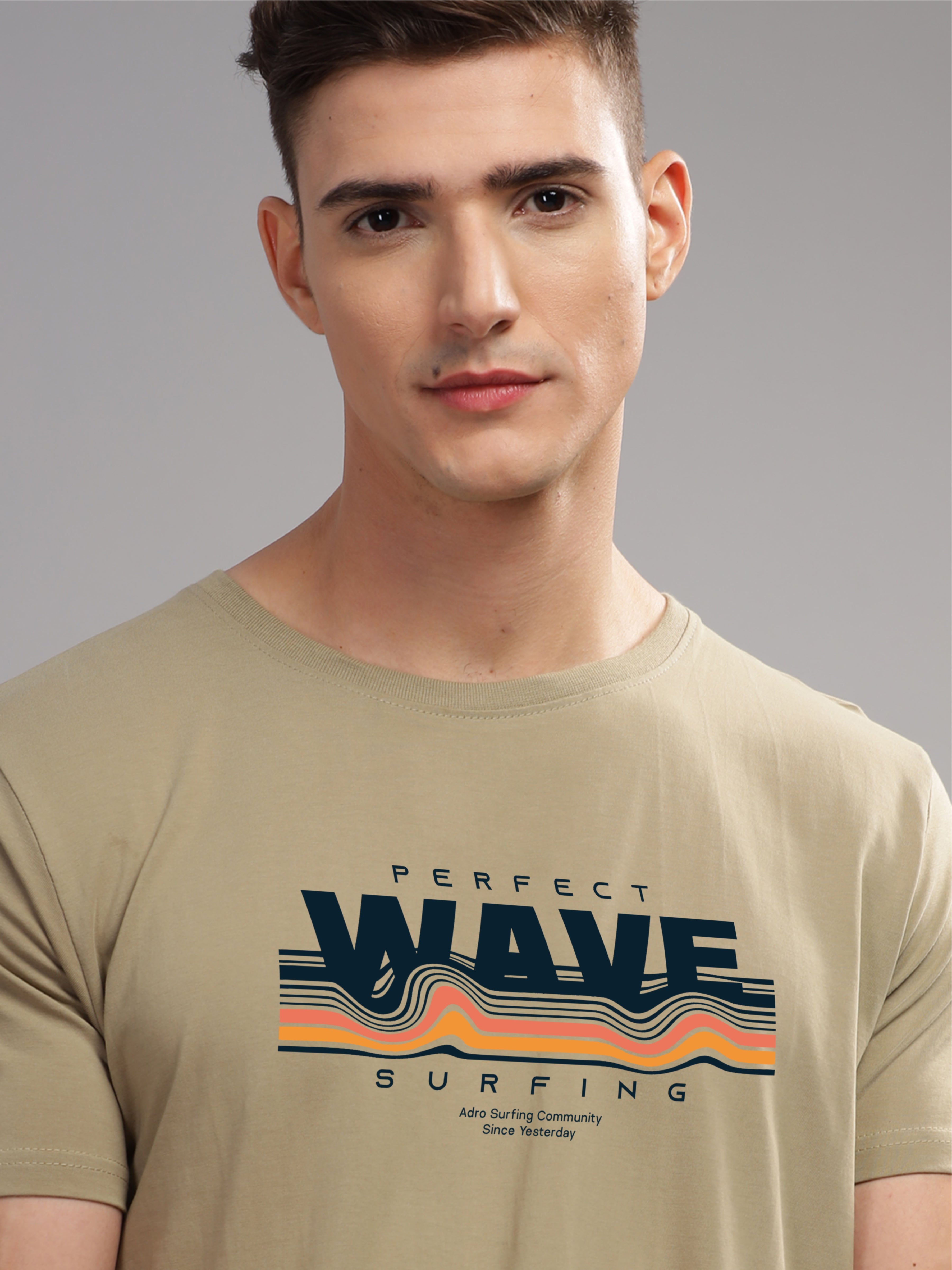 Men Beige Round Neck T Shirt