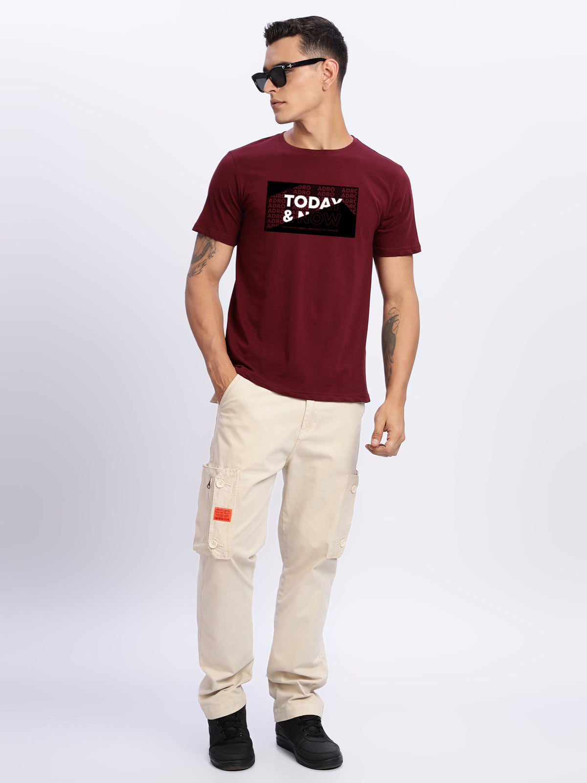 Men Printed Light Maroon T Shirt