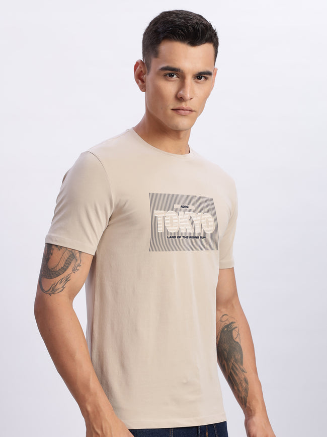Men Printed Beige T Shirt