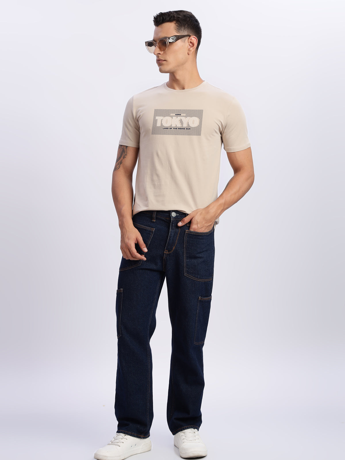 Men Printed Beige T Shirt