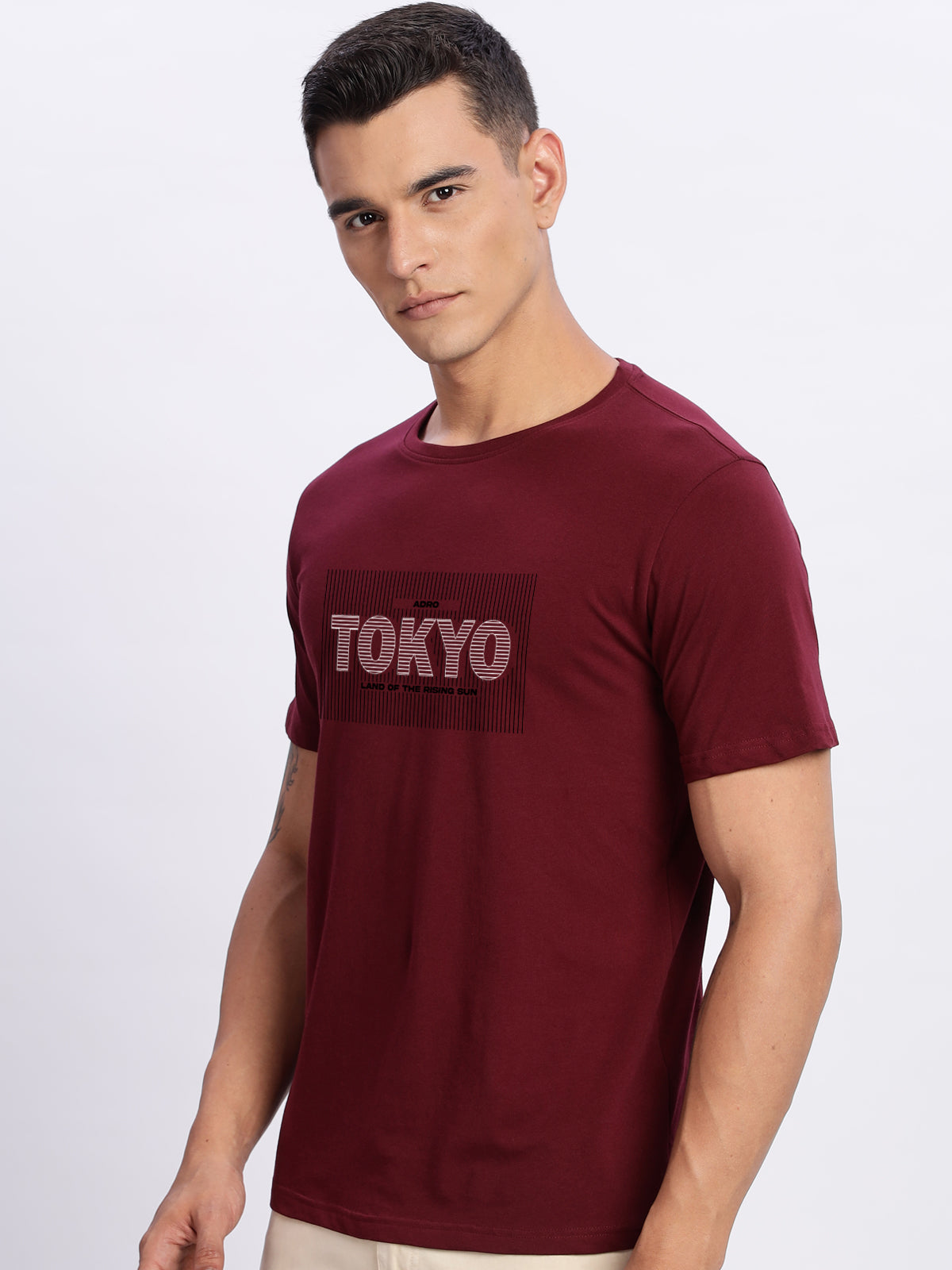 Men Printed Light Maroon T Shirt