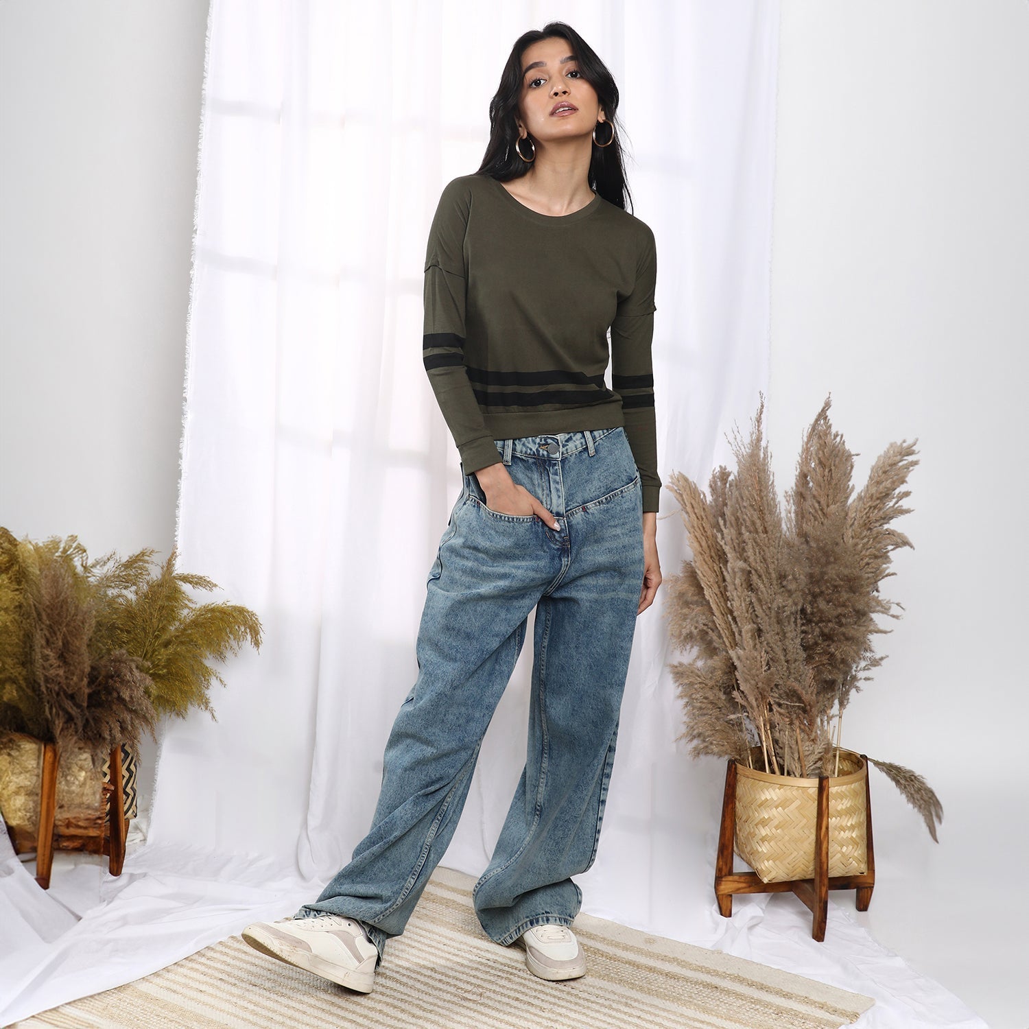 Women Green Contrast Striped Top
