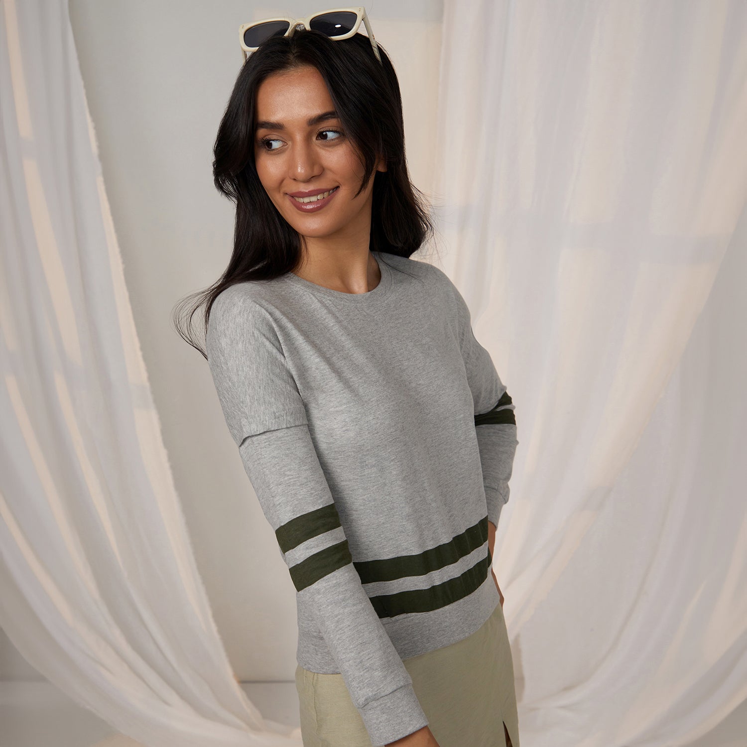 Women Grey Heathered Striped Top