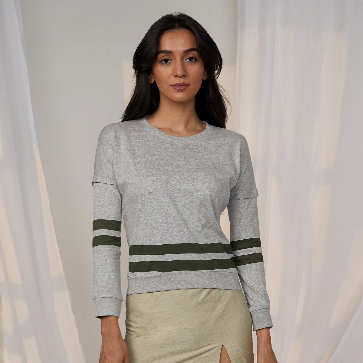 Women Grey Heathered Striped Top