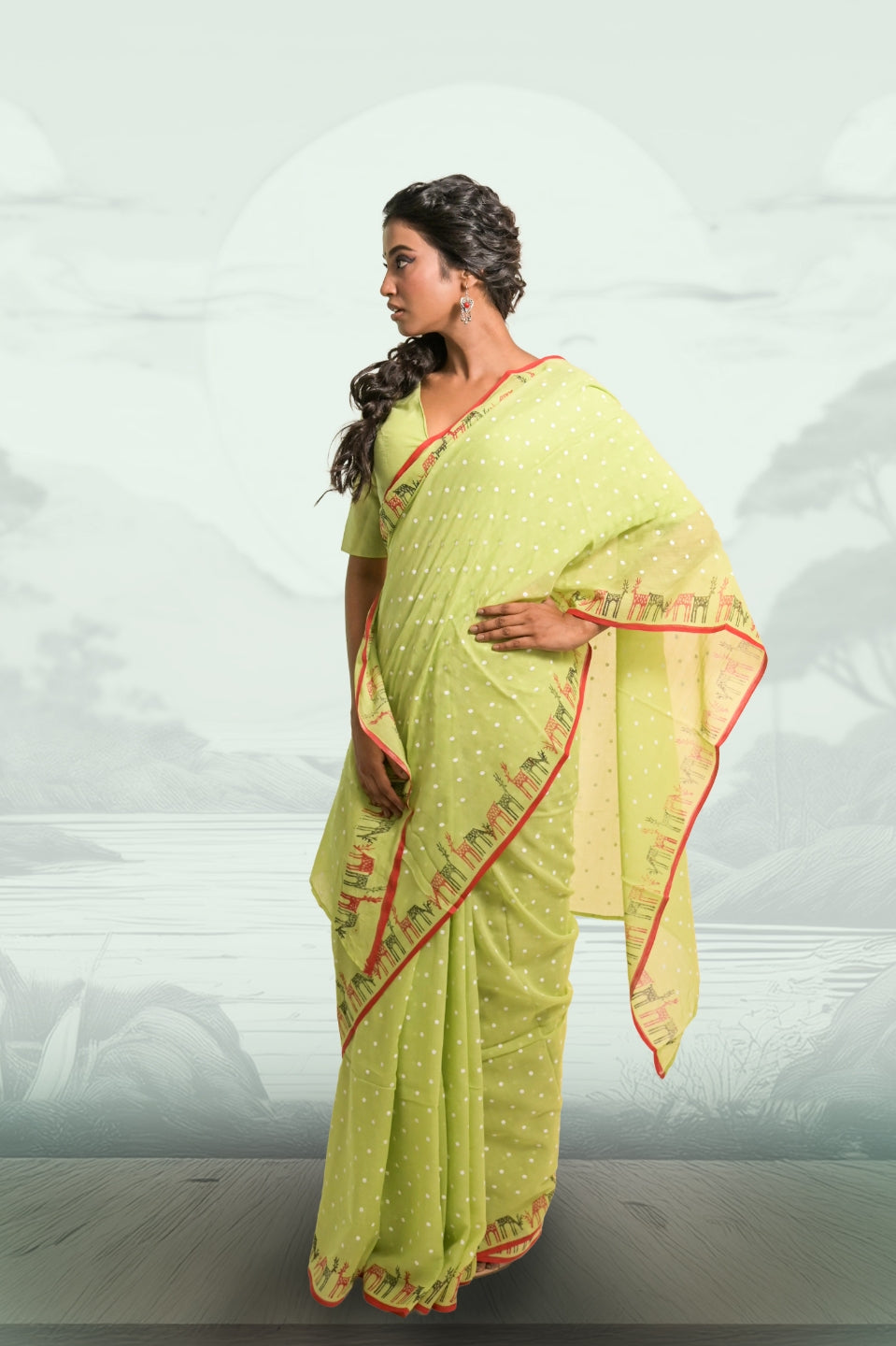 Reindeer Ready Pista Green Mul Cotton Saree with Handblock-Printed Polka Dot and Reindeer Motifs