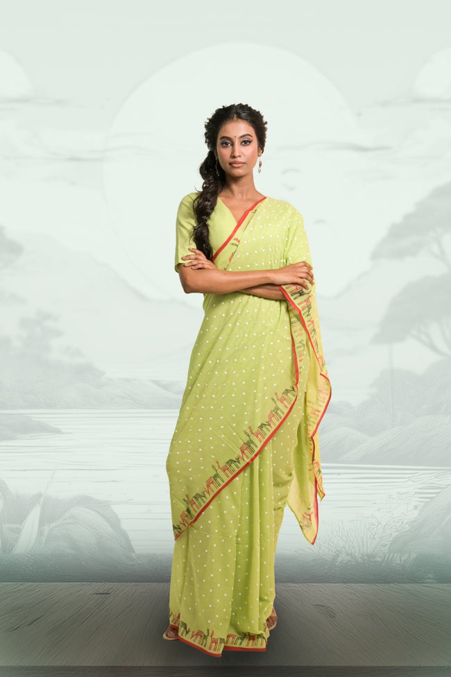 Reindeer Ready Pista Green Mul Cotton Saree with Handblock-Printed Polka Dot and Reindeer Motifs