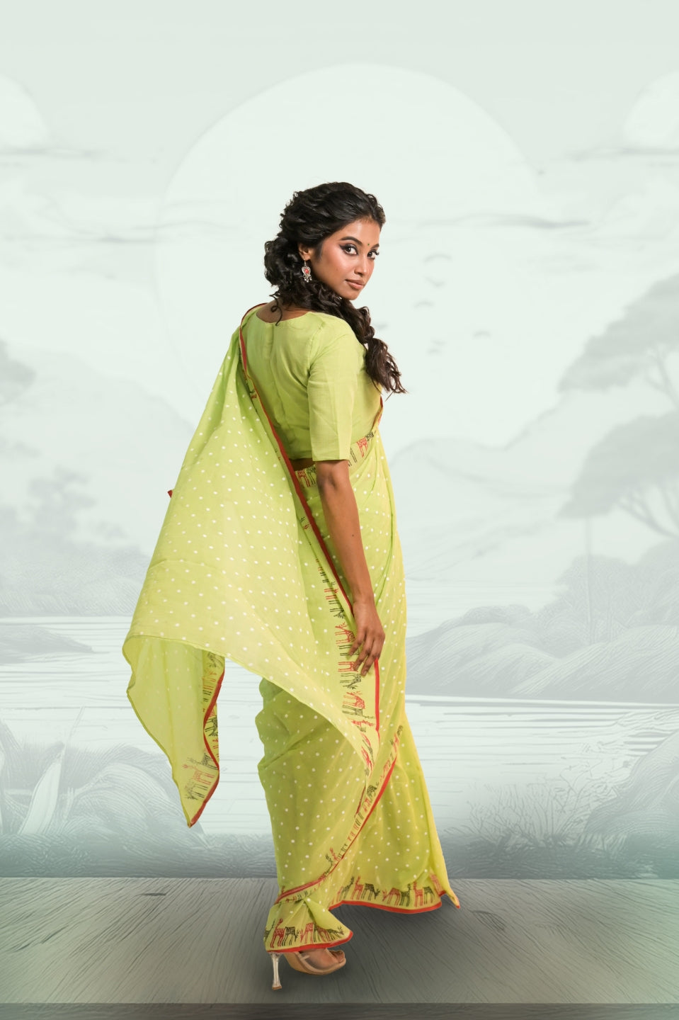 Reindeer Ready Pista Green Mul Cotton Saree with Handblock-Printed Polka Dot and Reindeer Motifs