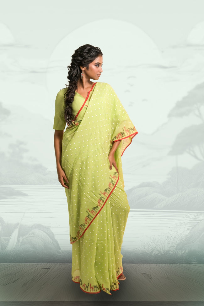Reindeer Ready Pista Green Mul Cotton Saree with Handblock-Printed Polka Dot and Reindeer Motifs