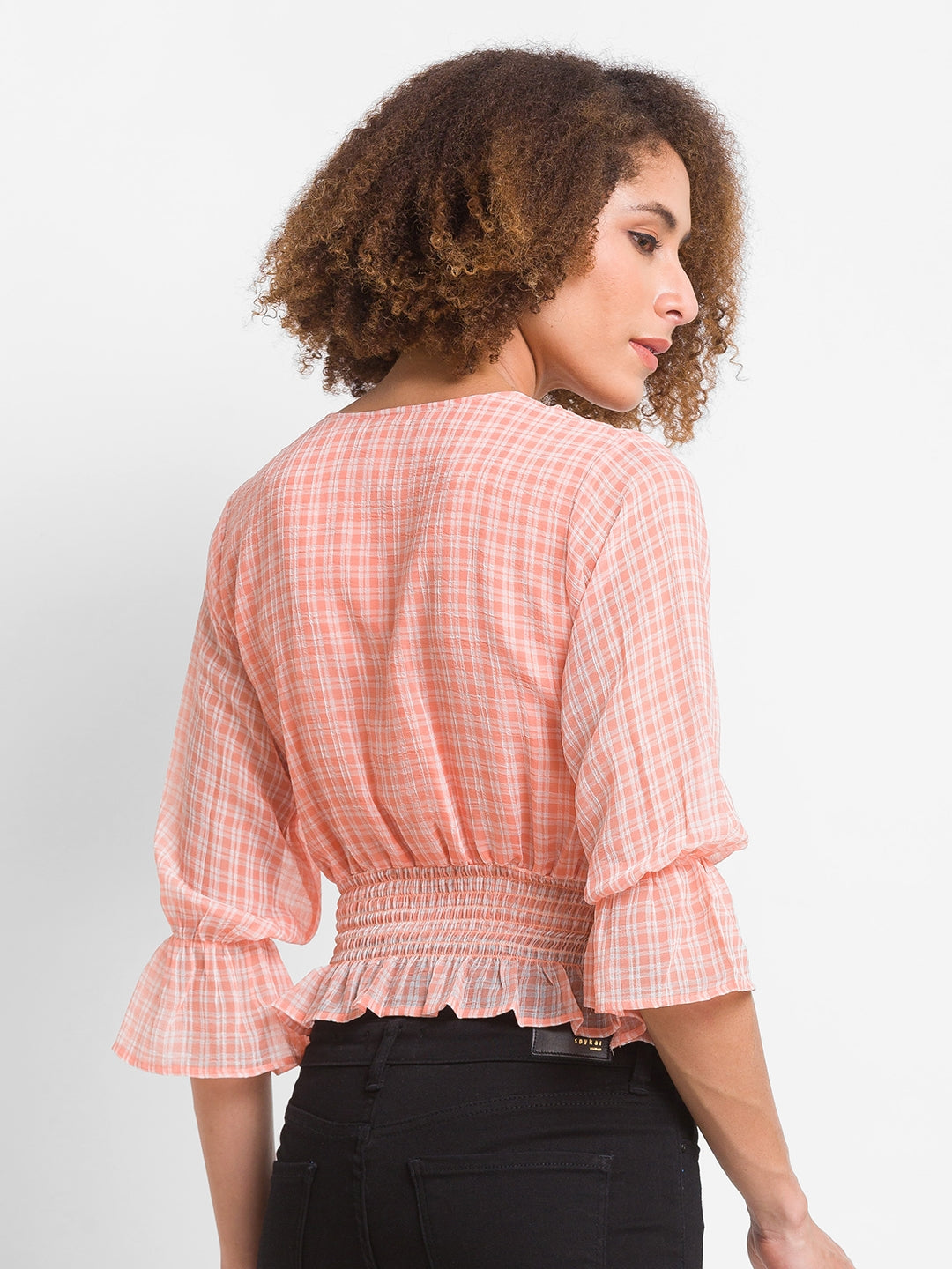 Women Peach Checked Top