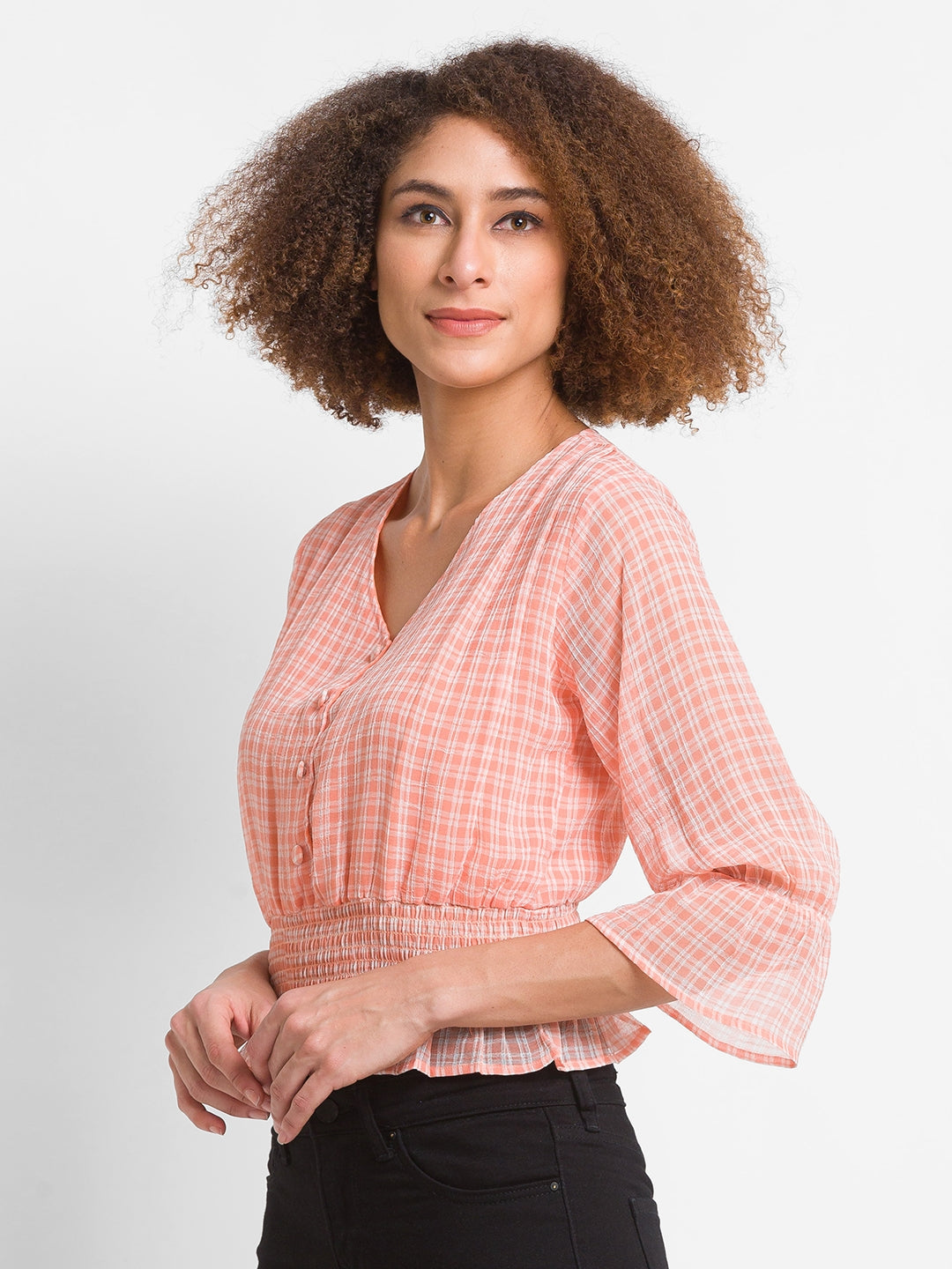 Women Peach Checked Top