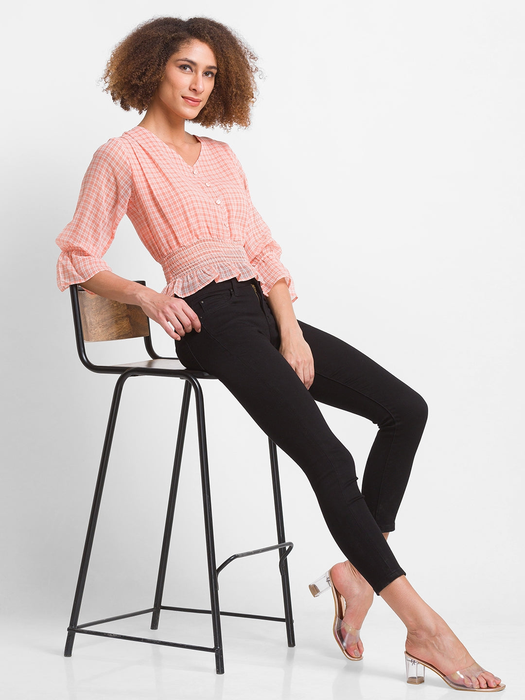 Women Peach Checked Top