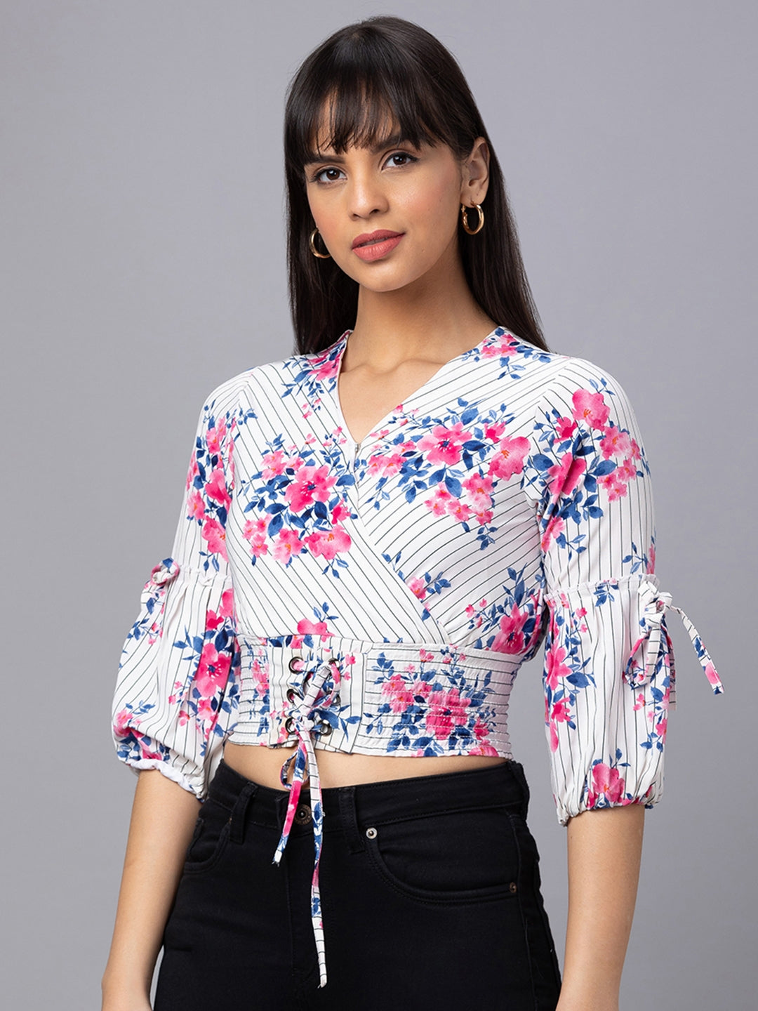 Women Printed Cinched Waist Crop Top