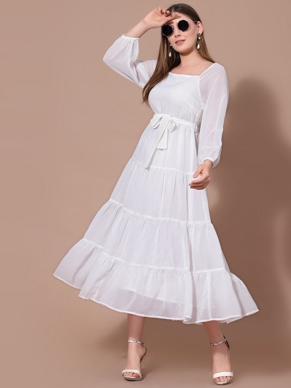 Odour Free Square Neck Long Sleeves Solid Midi Dress For Women