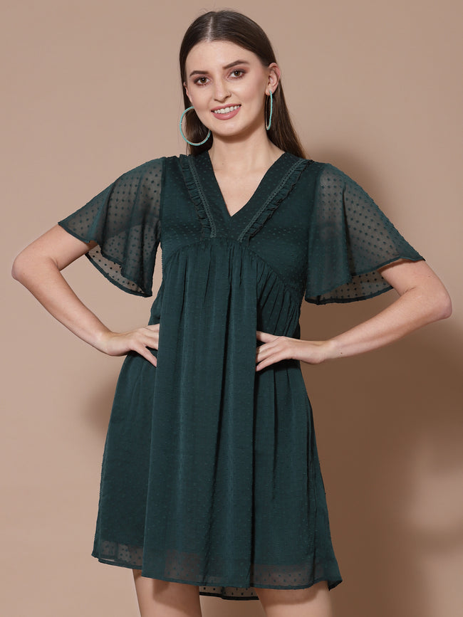 Women Green Swiss Dot Odour Free Crepe Midi Dress