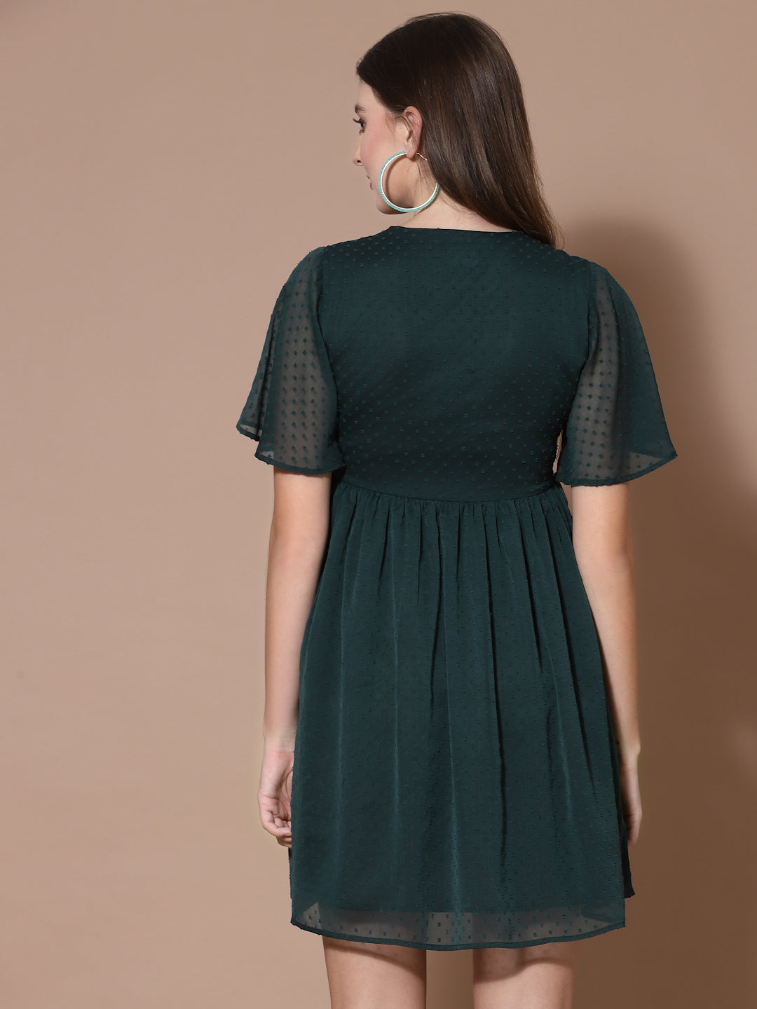 Women Green Swiss Dot Odour Free Crepe Midi Dress