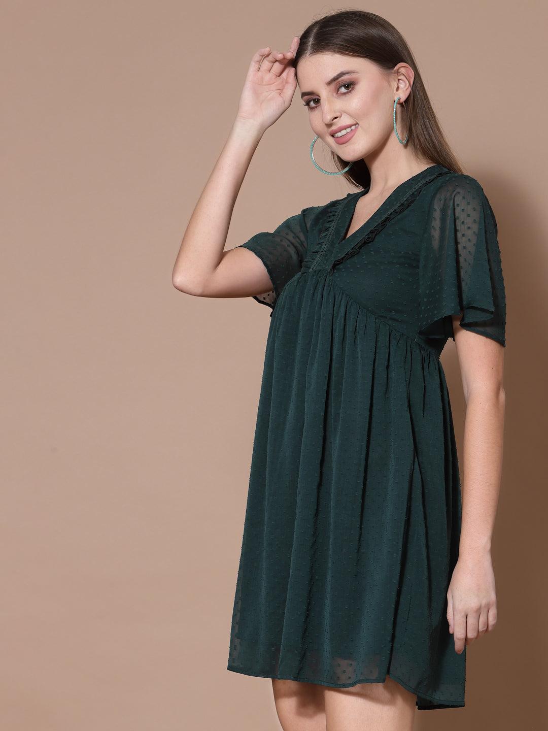 Women Green Swiss Dot Odour Free Crepe Midi Dress