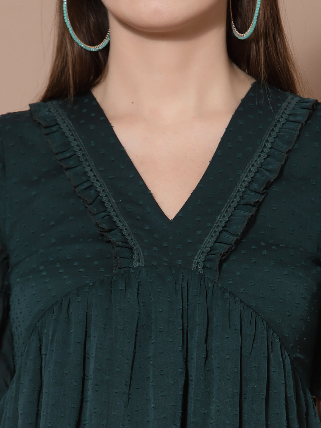 Women Green Swiss Dot Odour Free Crepe Midi Dress