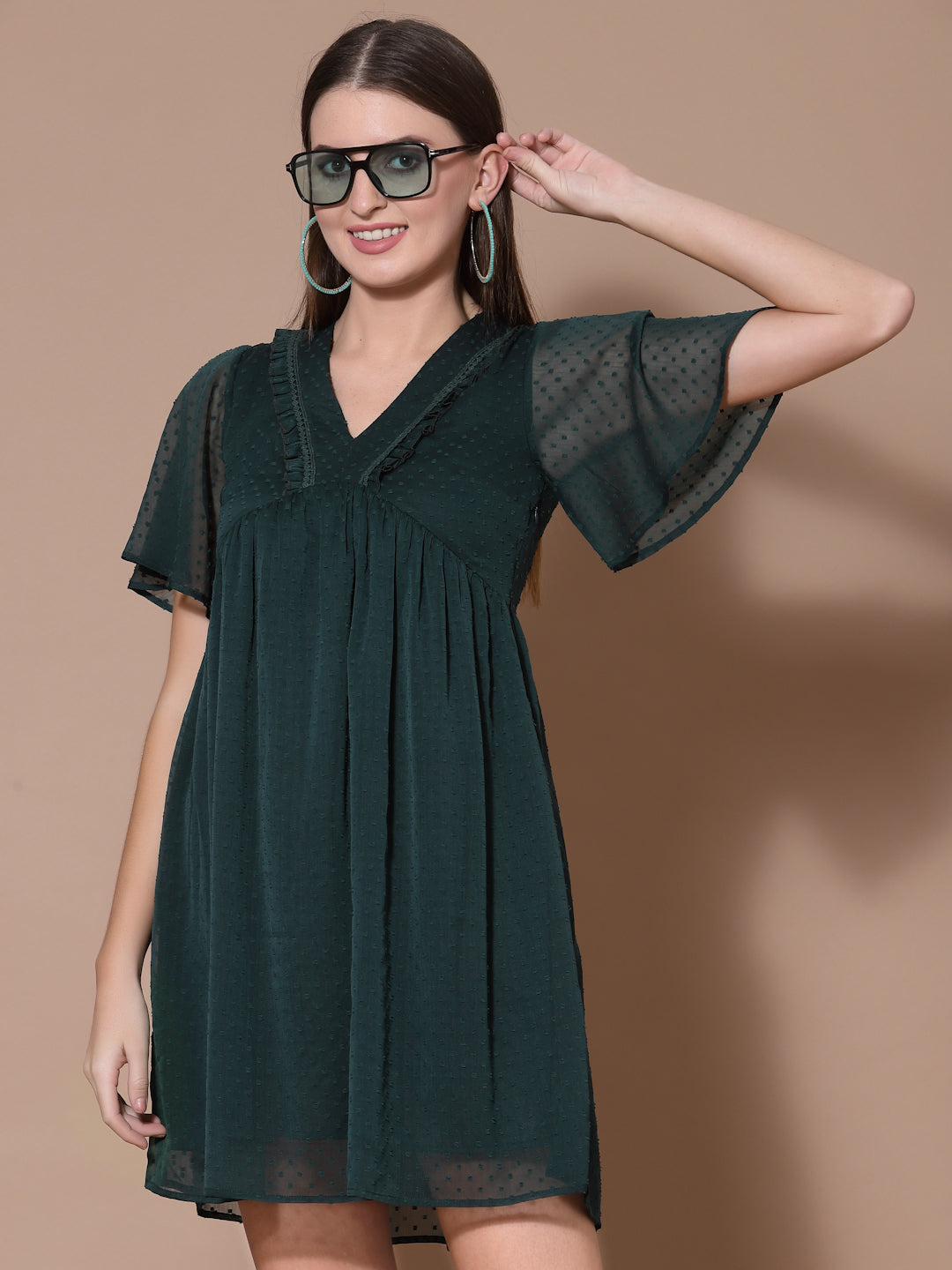 Women Green Swiss Dot Odour Free Crepe Midi Dress
