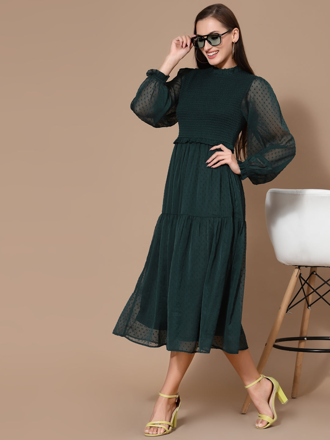 Women Green A-Line Odour Free Midi Dress