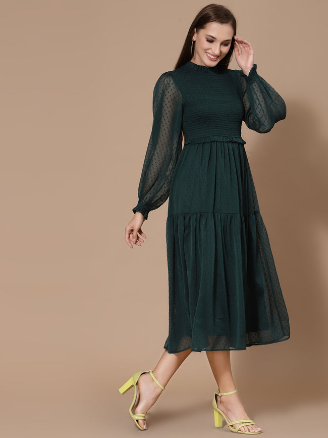 Women Green A-Line Odour Free Midi Dress