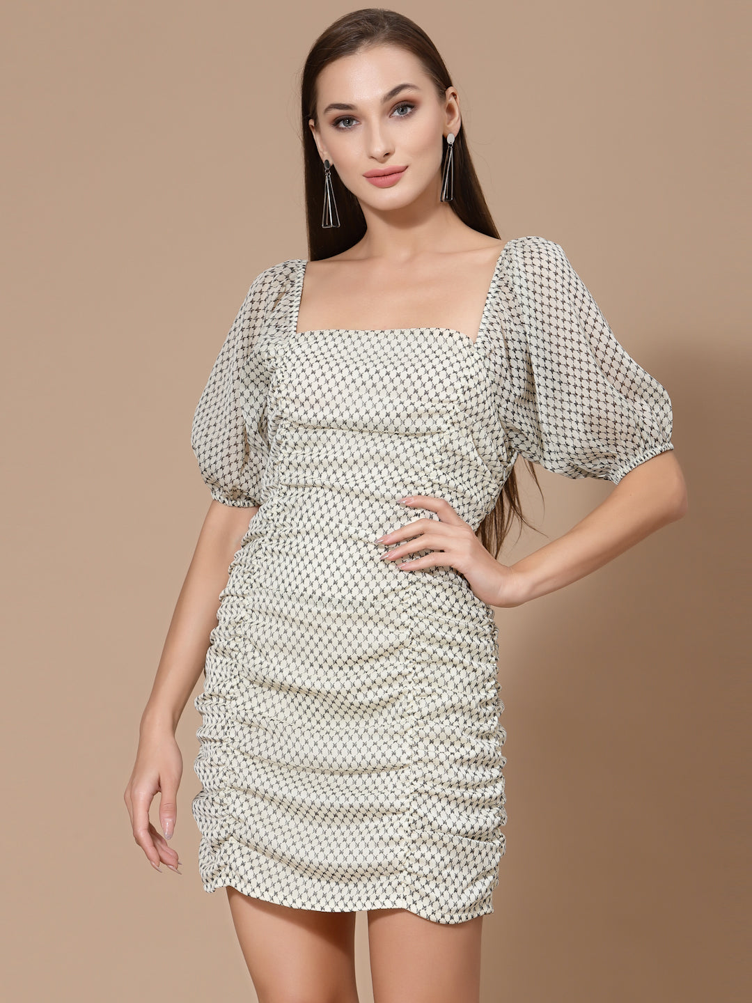 Women Beige Odour Free Mini Sheath Dress