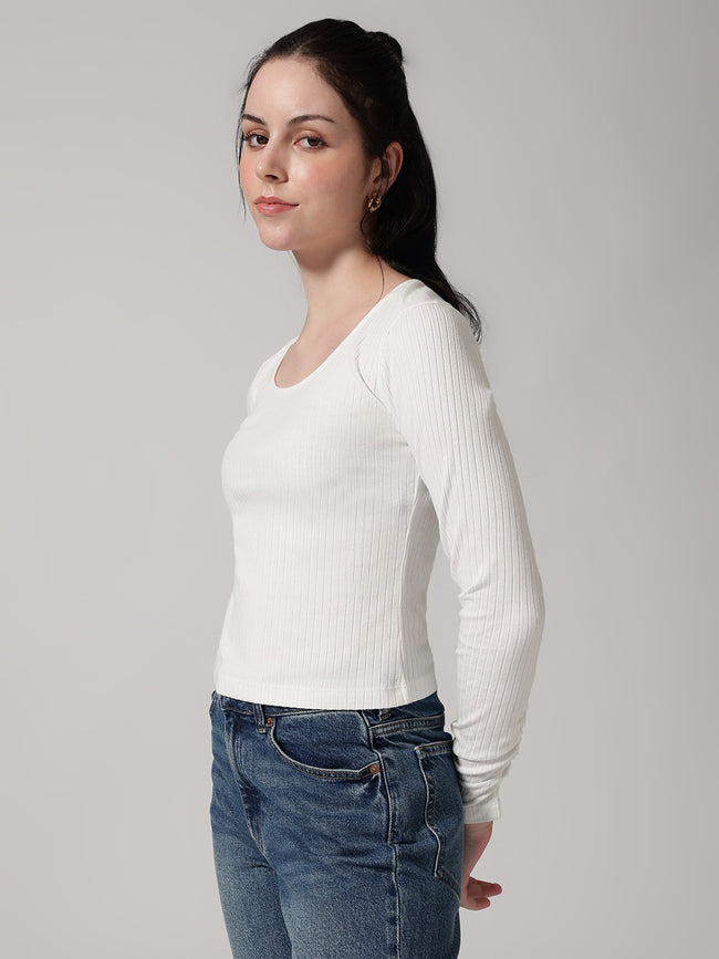 Women White Solid Ribbed T-Shirt