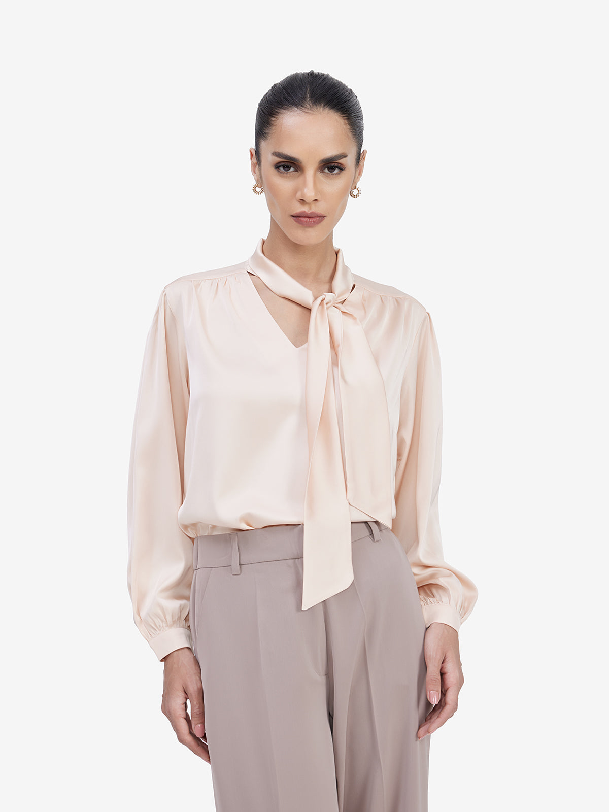 Women Beige Tie-Up Neck Satin Top