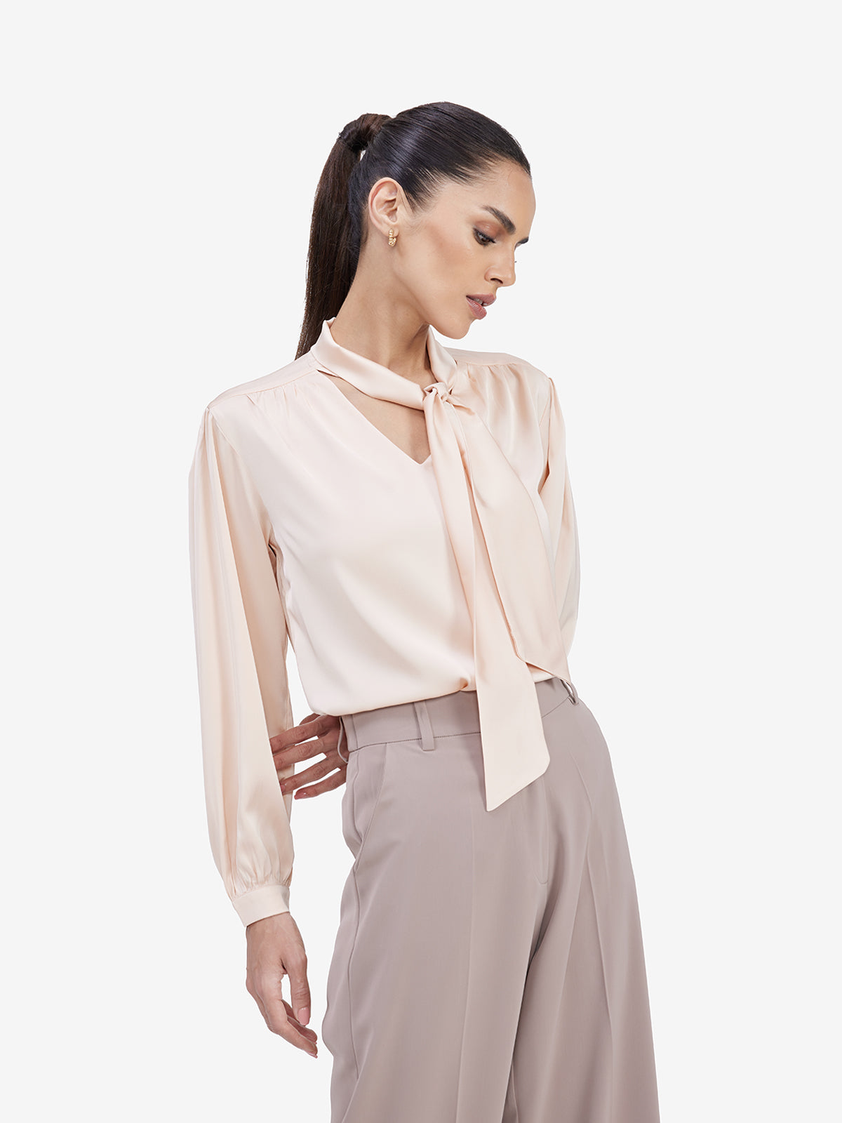 Women Beige Tie-Up Neck Satin Top
