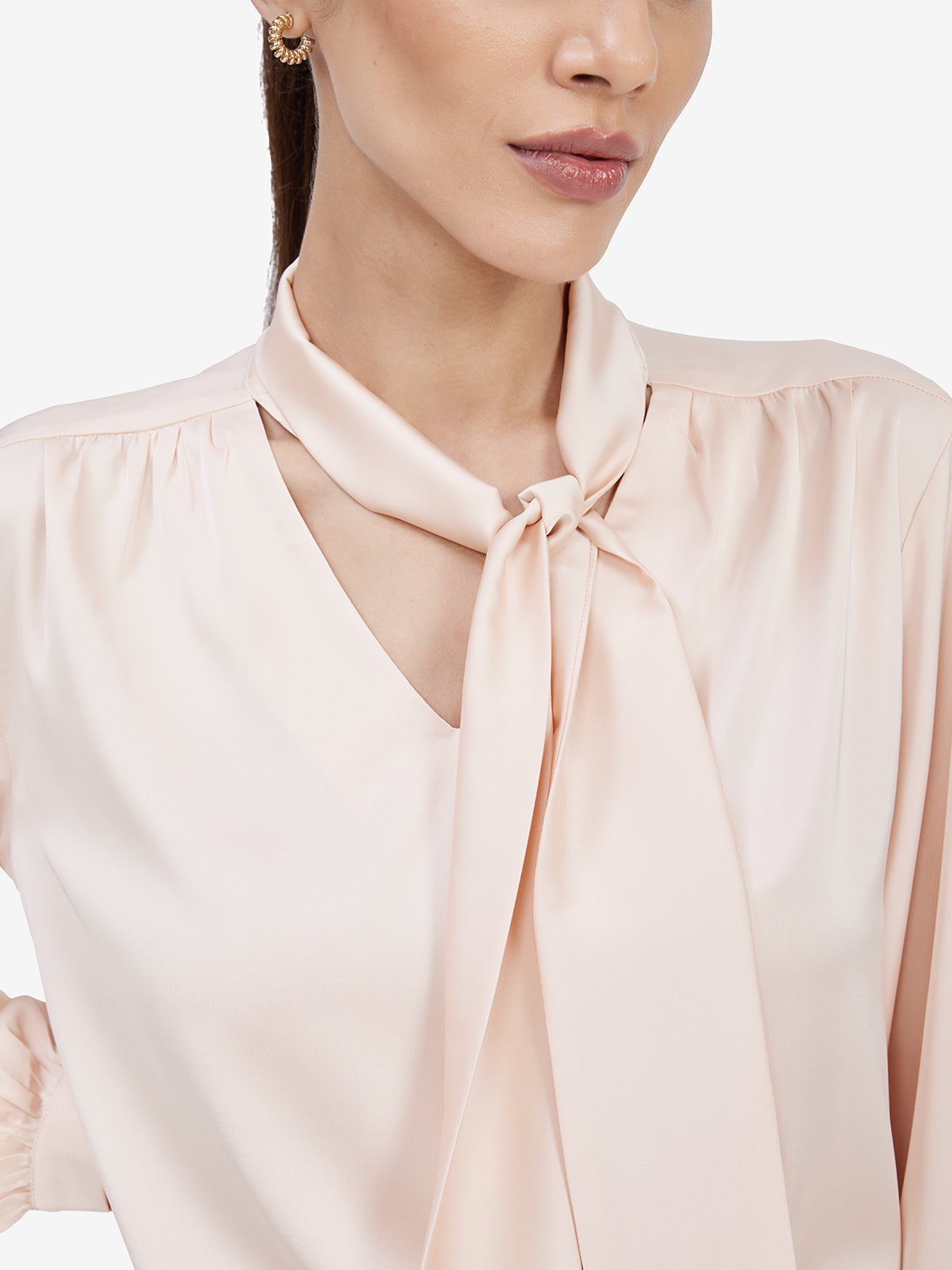 Women Beige Tie-Up Neck Satin Top
