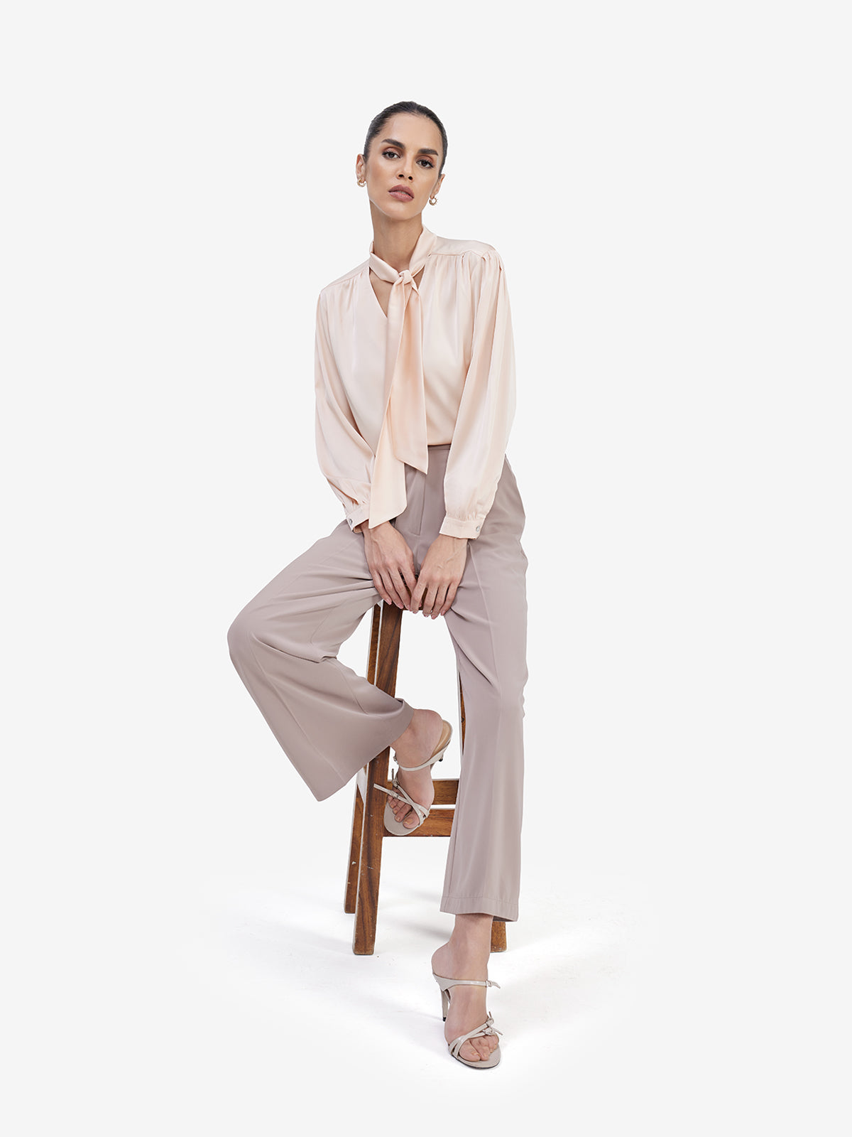 Women Beige Tie-Up Neck Satin Top