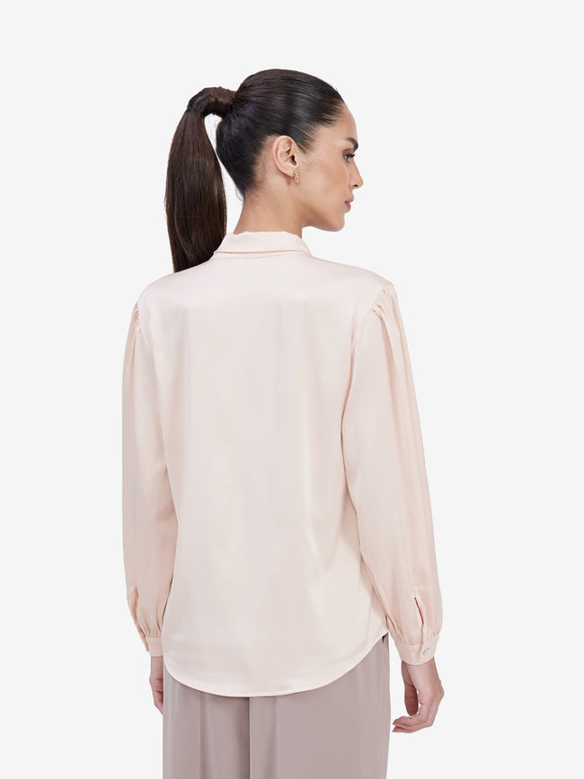 Women Beige Tie-Up Neck Satin Top