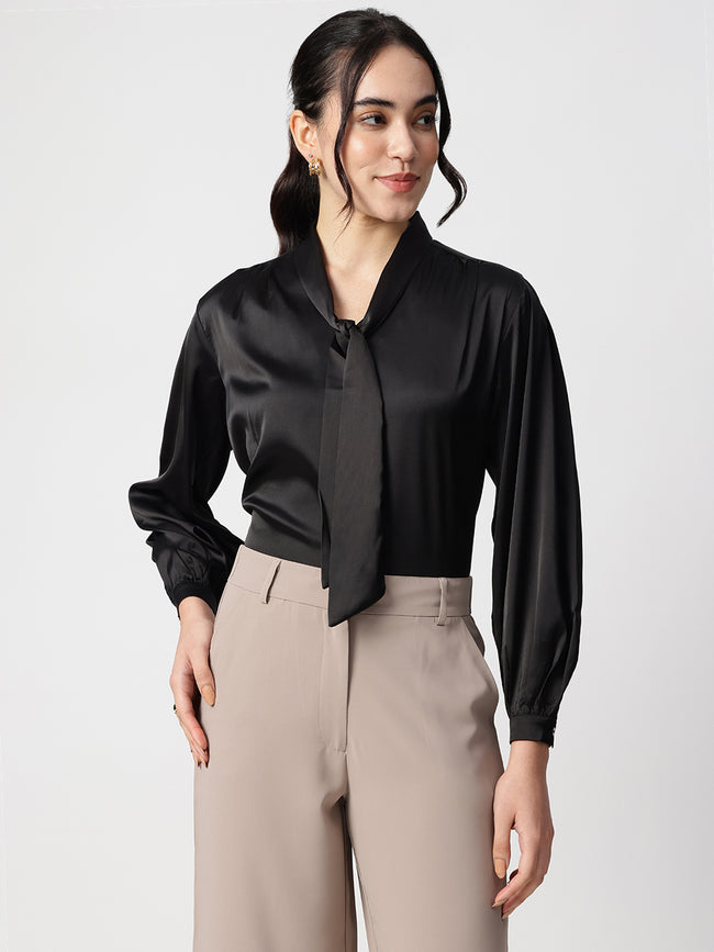 Women Black Tie Up Satin Top