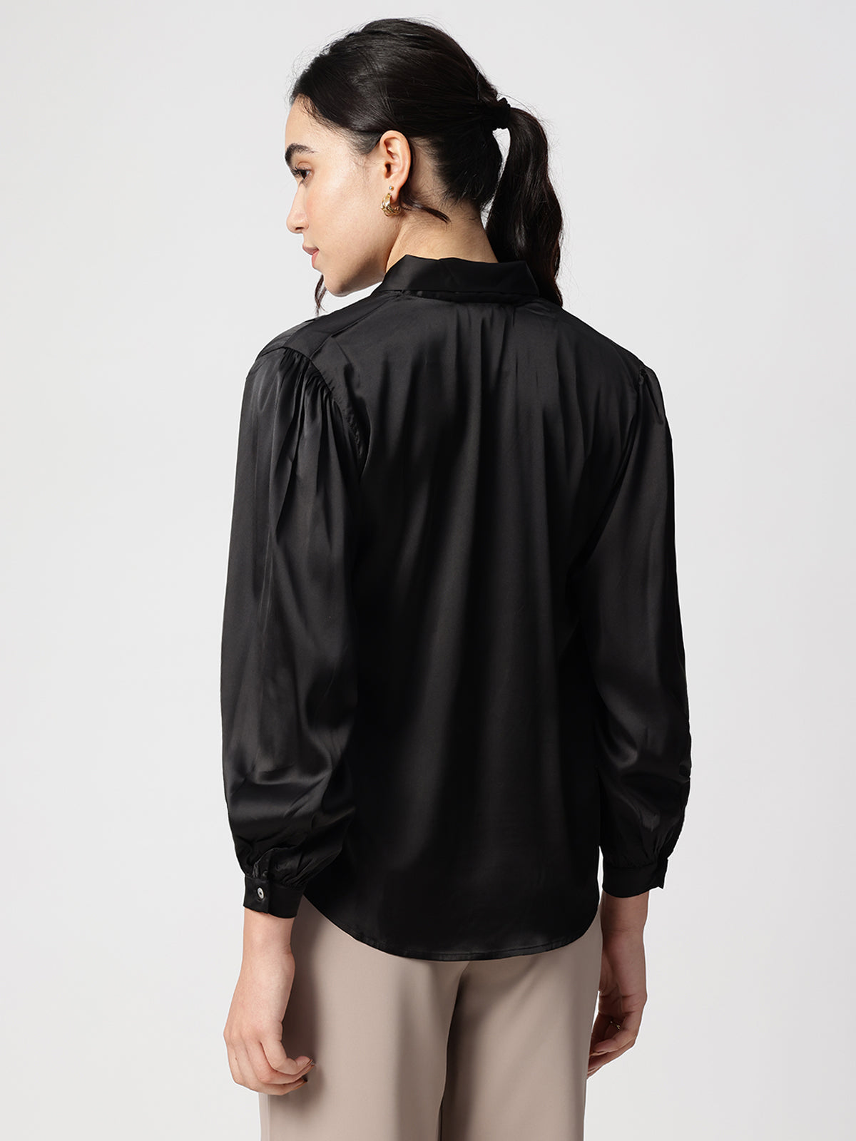 Women Black Tie Up Satin Top