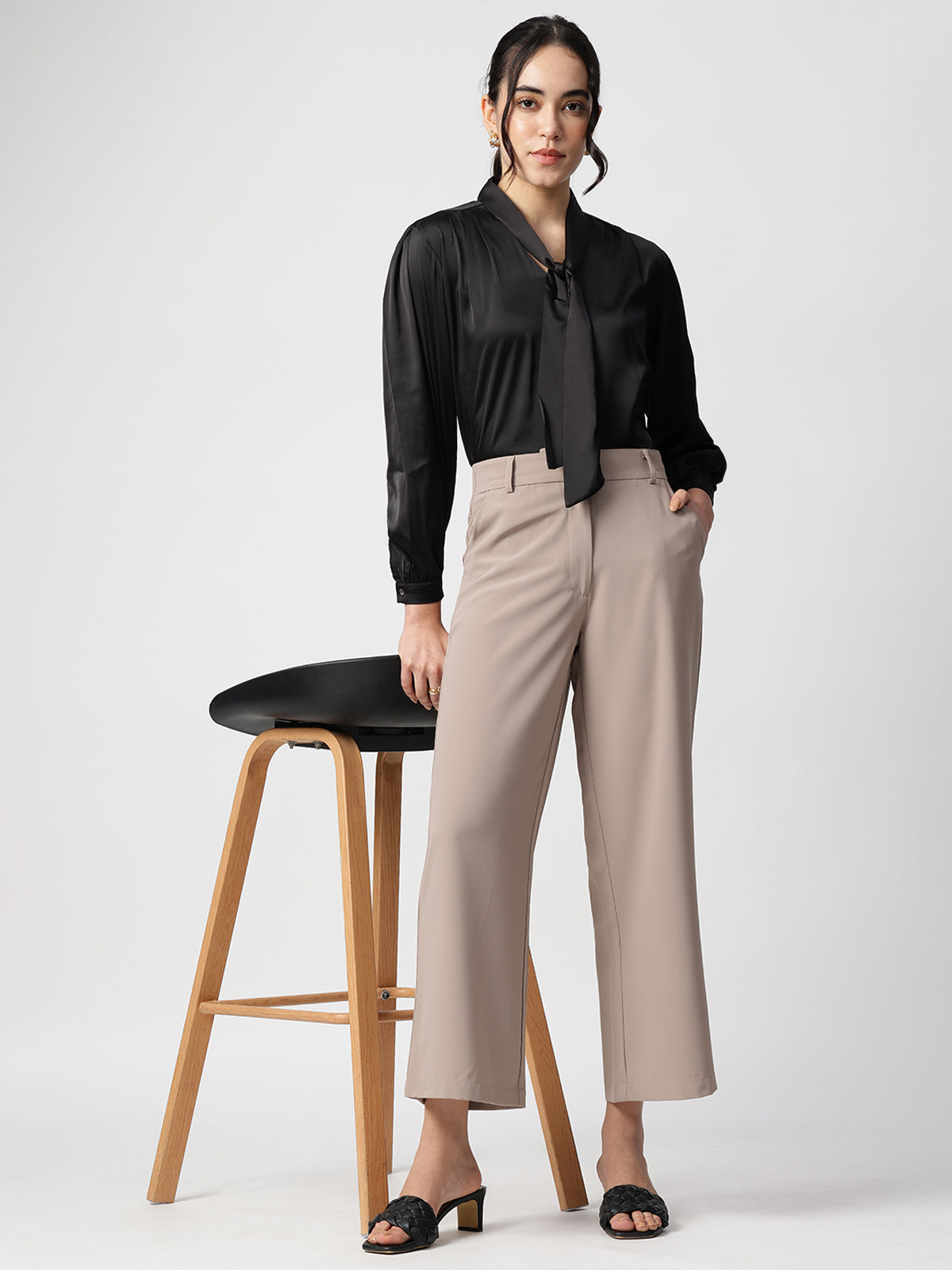 Women Black Tie Up Satin Top