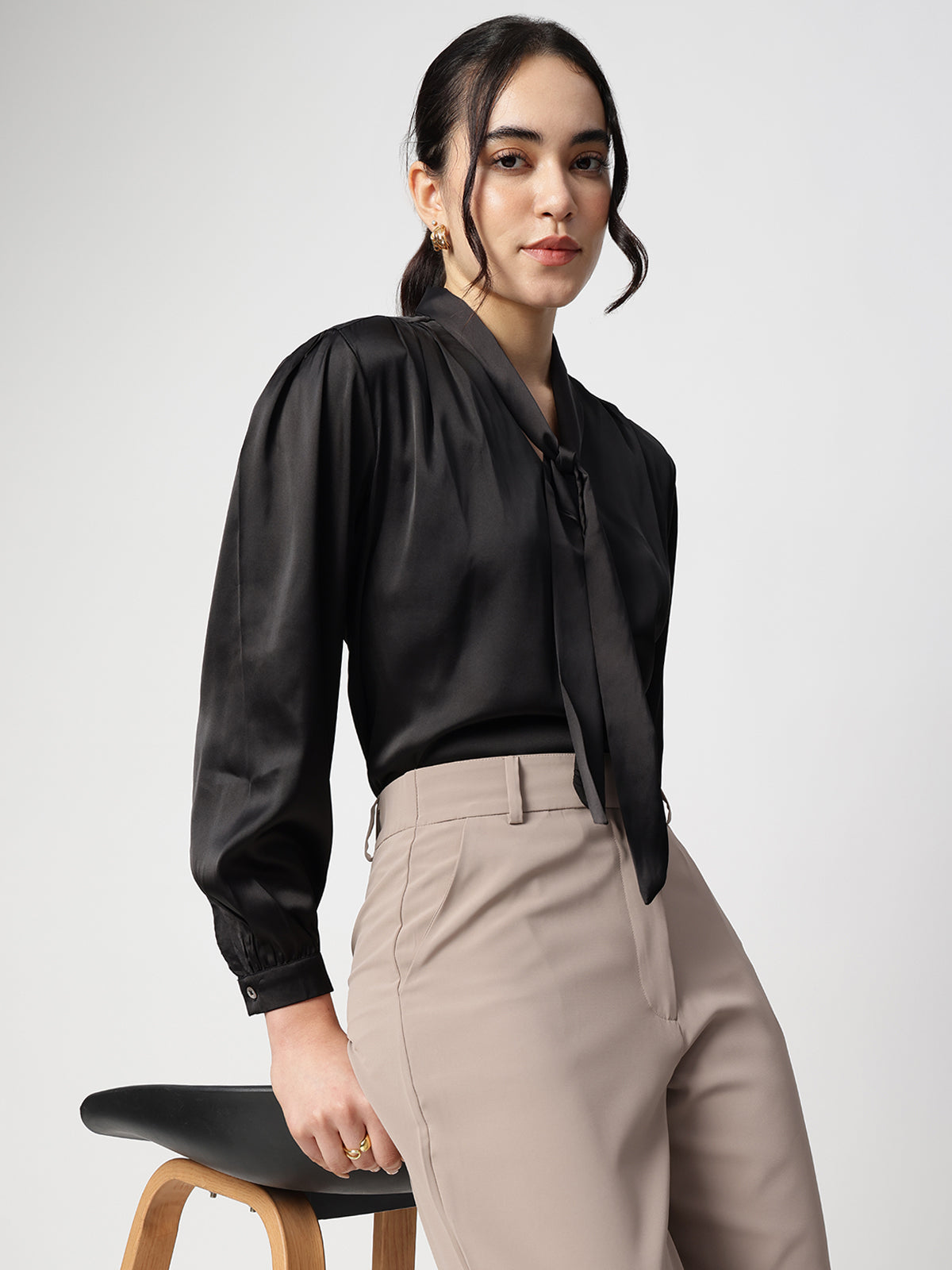 Women Black Tie Up Satin Top