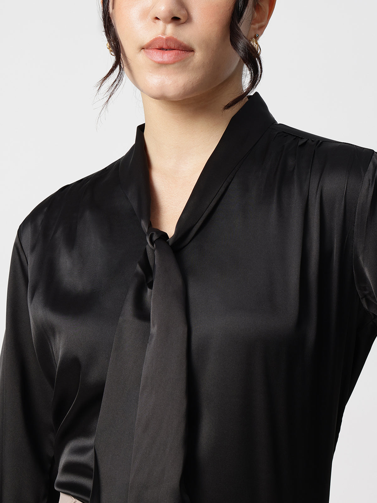 Women Black Tie Up Satin Top