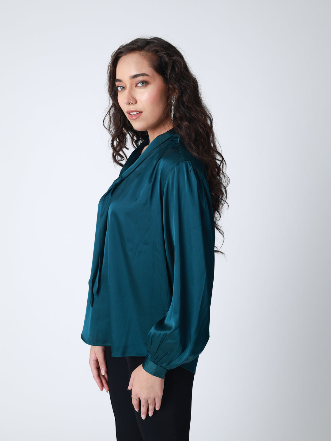 Women Bottle Green Satin Cuffed Top
