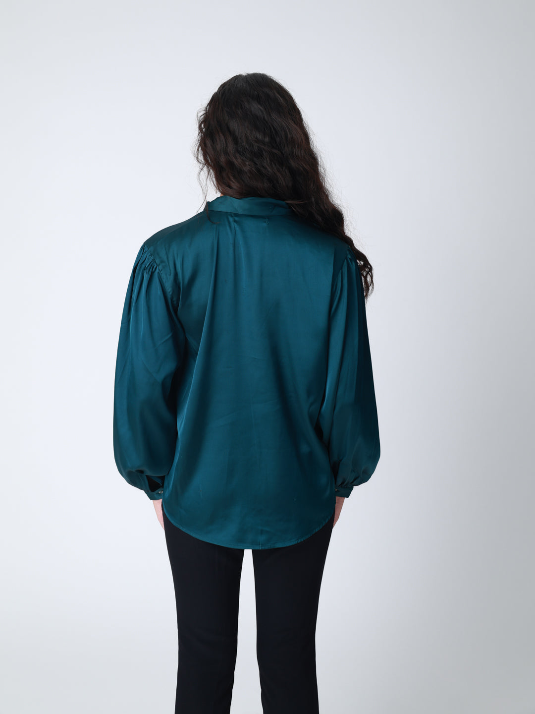 Women Bottle Green Satin Cuffed Top