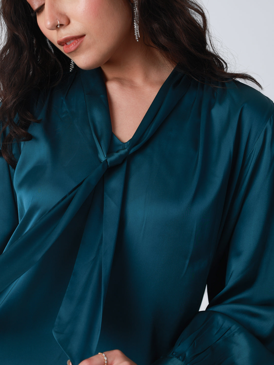 Women Bottle Green Satin Cuffed Top