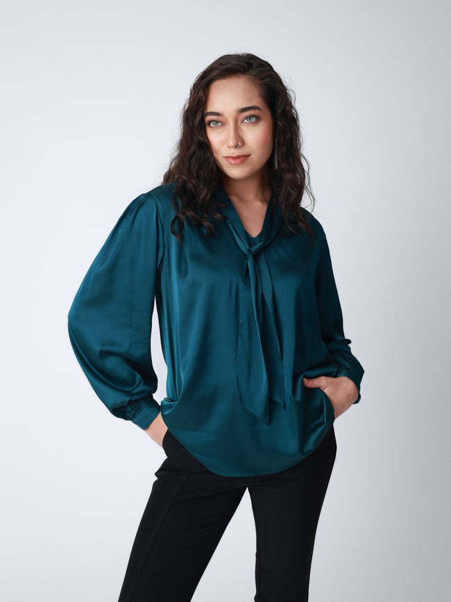 Women Bottle Green Satin Cuffed Top