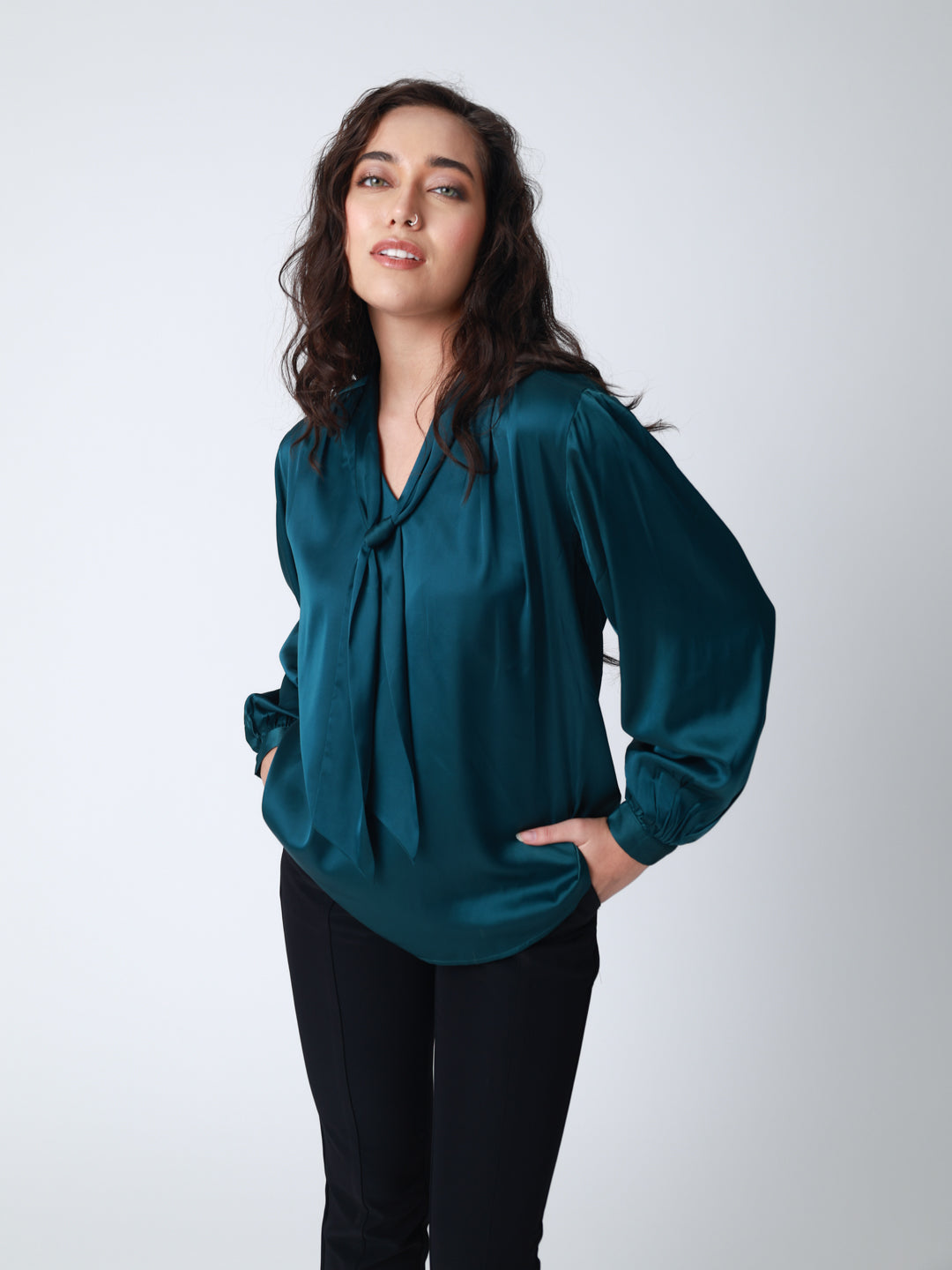 Women Bottle Green Satin Cuffed Top