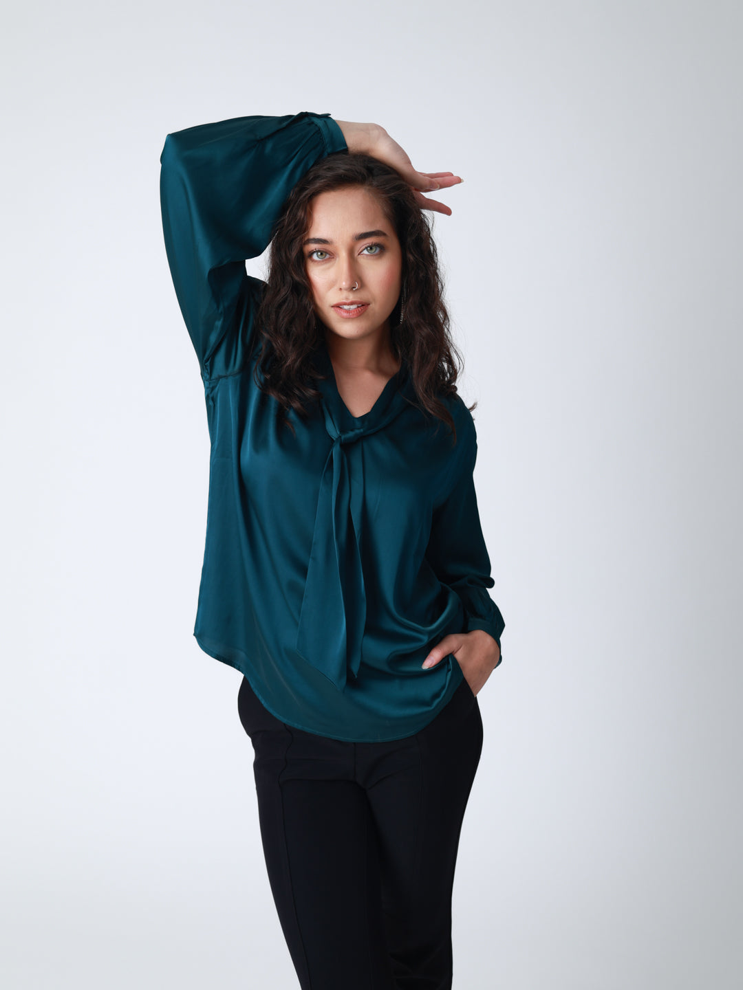 Women Bottle Green Satin Cuffed Top