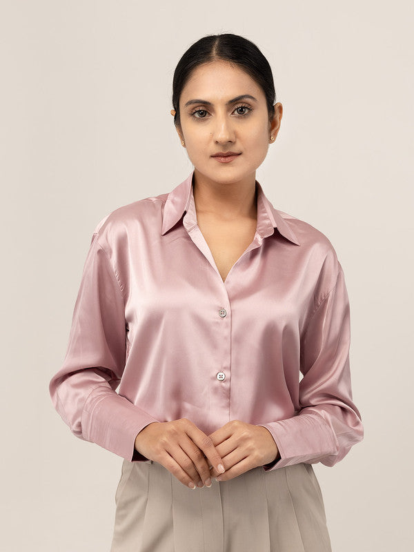 Women Pink Satin Spread Collar Shirt