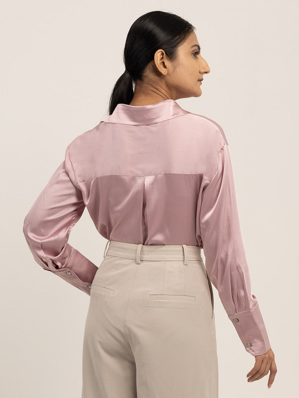 Women Pink Satin Spread Collar Shirt