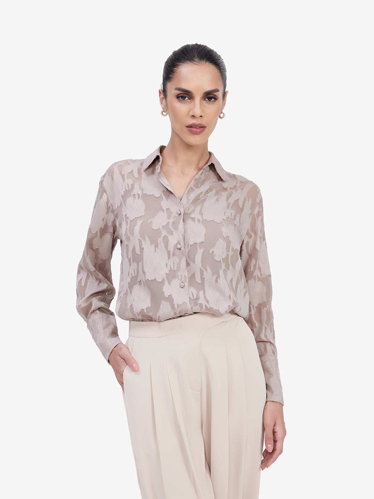 Women Brown Sheer Semiformal Shirt