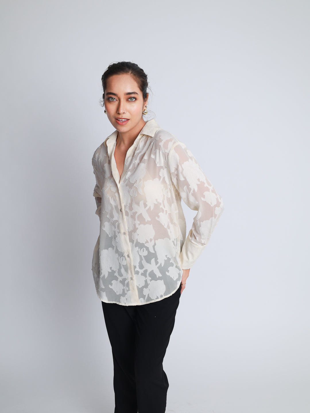 Women Off White Jacquard Party Wear Shirt