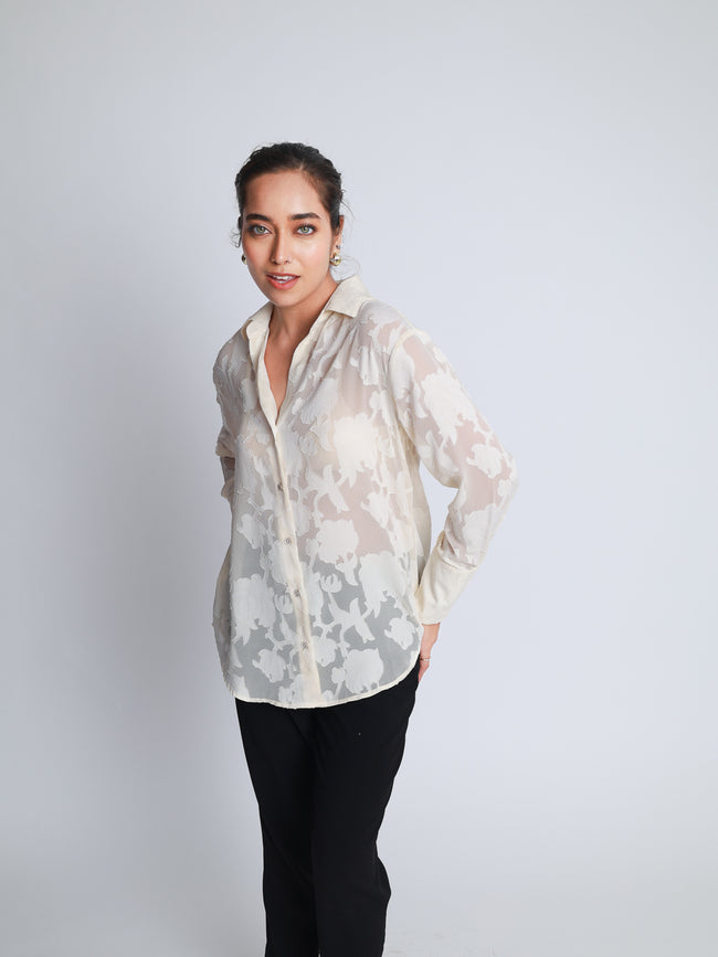 Women Off White Jacquard Party Wear Shirt