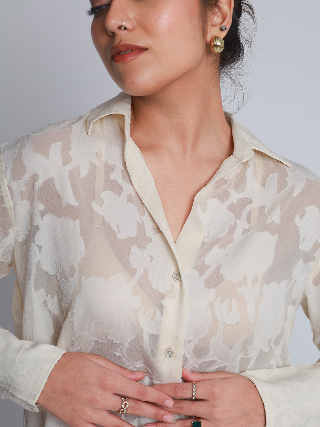 Women Off White Jacquard Party Wear Shirt