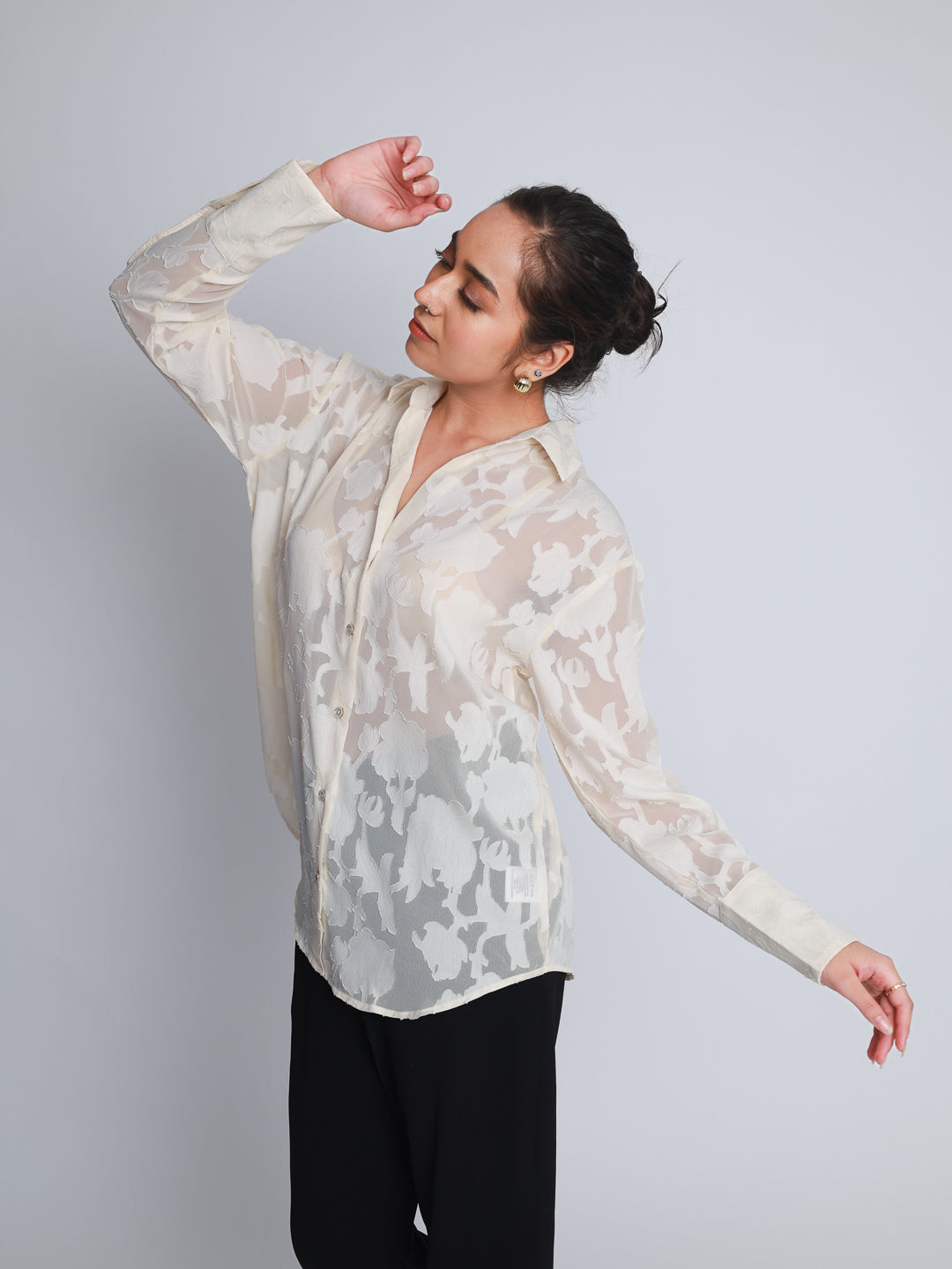Women Off White Jacquard Party Wear Shirt