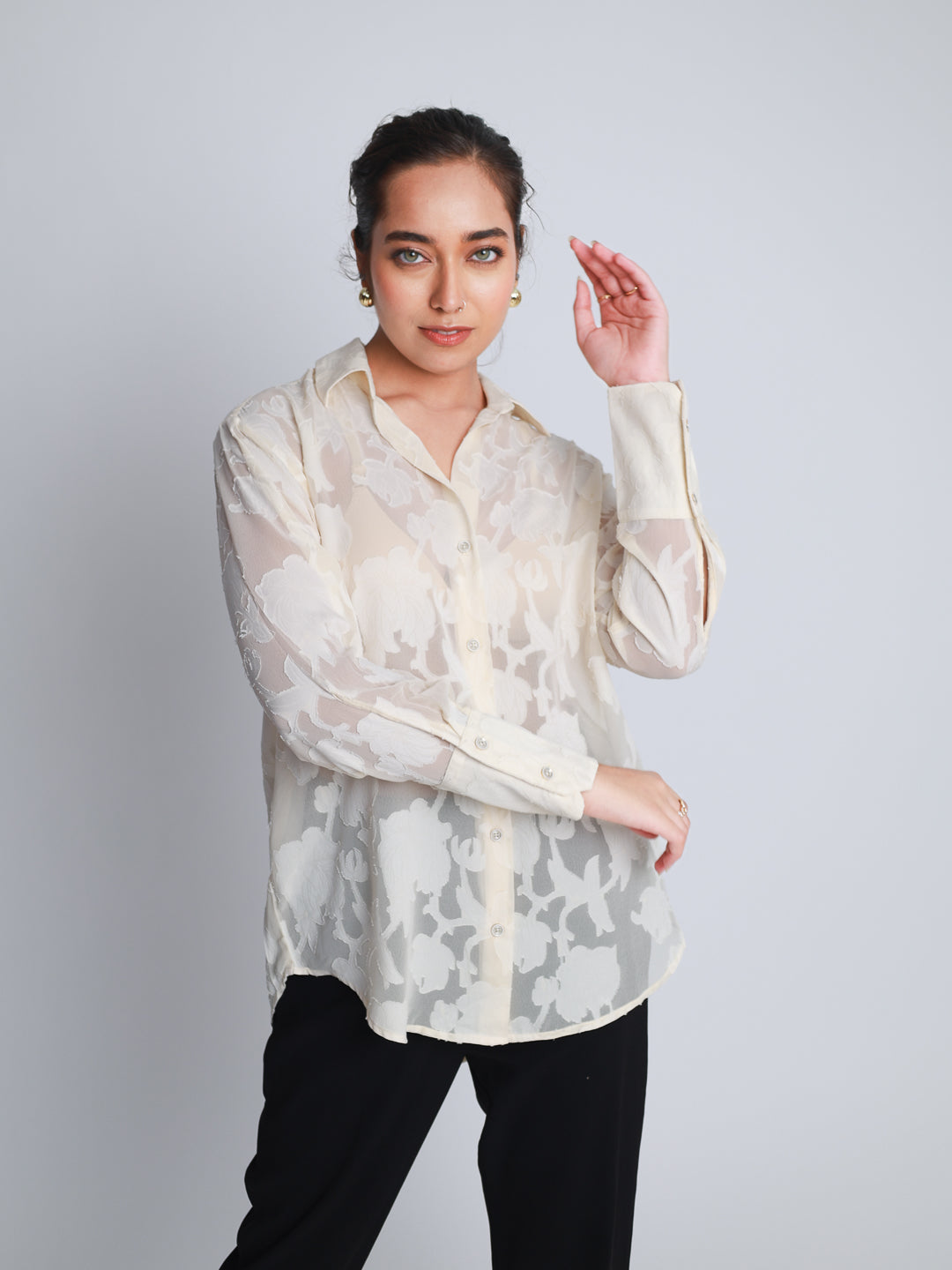 Women Off White Jacquard Party Wear Shirt